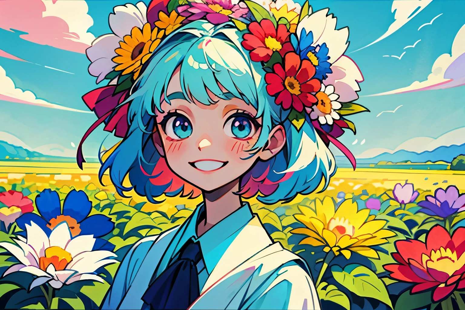 Smiling girl、So many flowers on your head、flowers of many colors