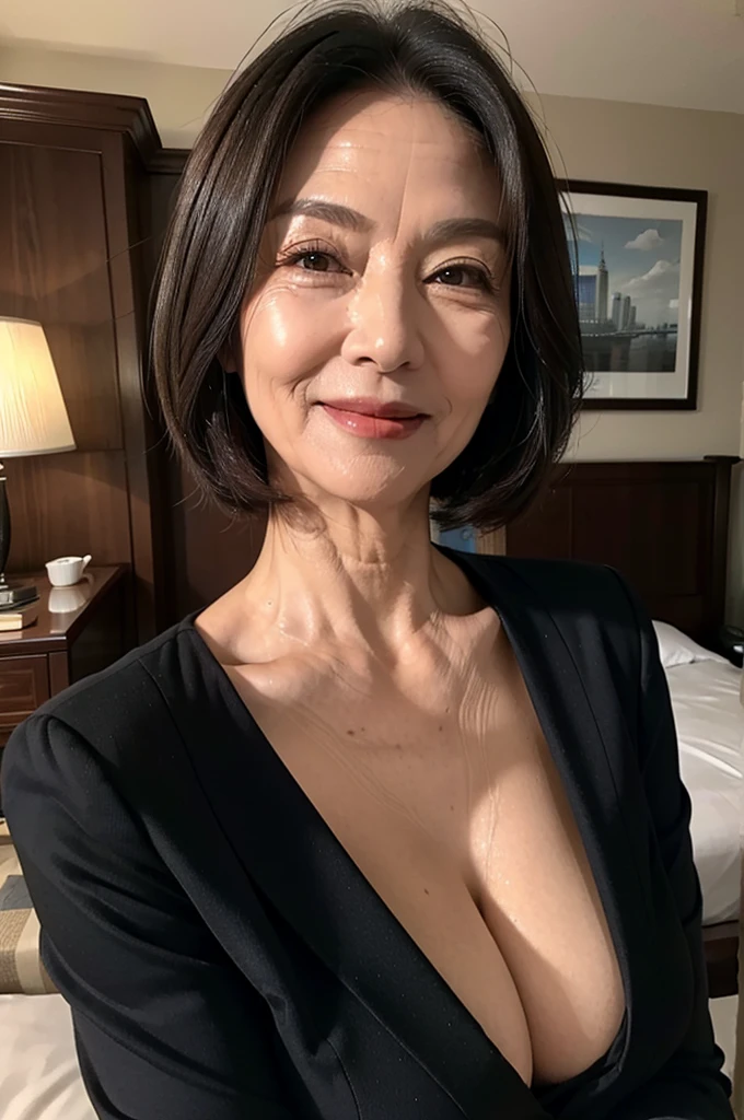 (masterpiece:1.4),(66-year-old woman:1.5),(Facial wrinkles:1.2),A kind smile,Motherhood Mature Woman, business suit, cleavage, hotel room