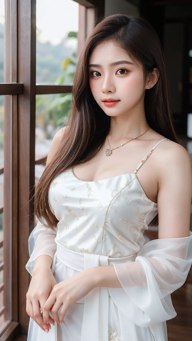 Gorgeus Girl, Beautiful, 20 Years Old, White Skin, Elegant Pose, (Wearing Kebaya), Indonesian Kebaya Clothes, Muscles, Bokeh, Indonesian Culture Background, (Masterpiece, Best Quality, Ultra Detaild, 8k), Full body photography, Straight Brown Hair, Perfect Lighting