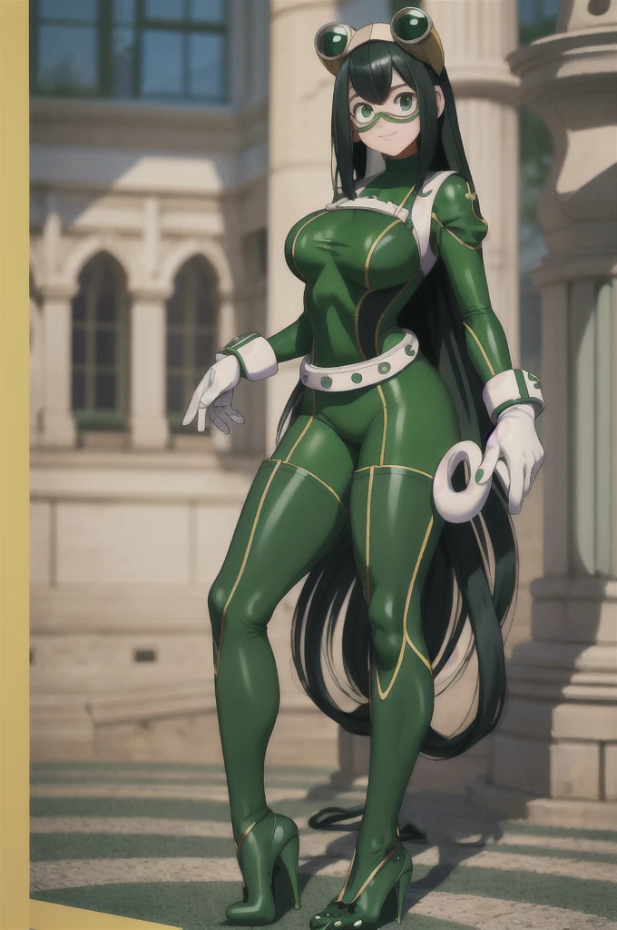 (masterpiece, best quality;1.3), extremely detailed ,ultra detailed, 1girl, solo,  looking at viewer,detailed skin,  crawling, full body, standing, asui tsuyu, low-tied long hair, :p,white gloves, green bodysuit, hair rings,goggles, city, extra large breasts, visible feet, open-toe high heels