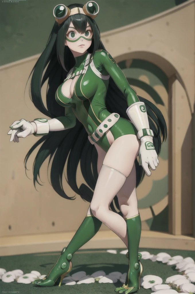 (masterpiece, best quality;1.3), extremely detailed ,ultra detailed, 1girl, solo,  looking at viewer,detailed skin,  crawling, full body, standing, asui tsuyu, low-tied long hair, :p,white gloves, green bodysuit, hair rings,goggles, city, extra large breasts, visible feet, open-toe high heels