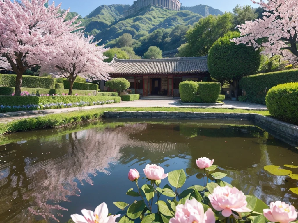 8K HD画质,Realistic scenery, 粉红的Peach BlossomTree林森林重点是很多Peach Blossom风景照8K 画质,Best quality,masterpiece,HD,Super rich detail,detailed,Many Chinese lofts have large courtyards,The yard is full of flowers,It is a rich garden,There are roses in the garden,Moonflower,Jasmine,Peach Blossom,club,apricot,,Peony,Lavender,Cherry blossoms,Pomegranate flowers, ETC,A wide variety of flowers,All flowers are planted in one garden,There is also river water in the garden,Creek,pond,lake,Lake,Rios,J,Everything in the same picture,Lifelike,The picture is very realistic,Very real,The vegetable garden was neat inside,There are mountains and water in the distance,sky sky,cloud,Tree。Country Road。Industrious people grow flowers,The picture is very warm,HD,The picture is realistic,Strong realism,The focus is on the garden castle as well as the river,Images are colorful,High contrast,There is only one scene,No split screen,Do not crop the image,Keep the picture rich and complete