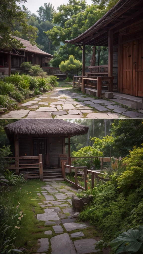 3D isometric, masterpiece, extremely detailed 8k cg unity wallpaper, best quality, best illustration, best shading, sharp, balinese temple, round mossy thatched hut, octane rendering, ray tracing, ultra detailed, intricate architecture, lush foliage, atmospheric lighting, warm color palette, photorealistic, cinematic composition