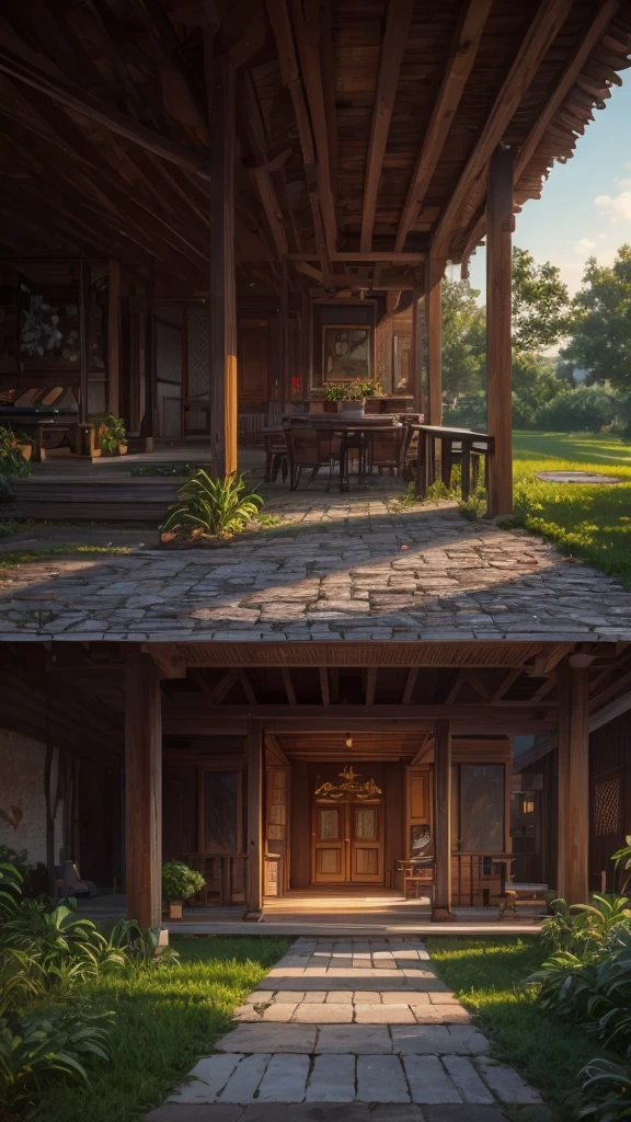 3D isometric, masterpiece, extremely detailed 8k cg unity wallpaper, best quality, best illustration, best shading, sharp, balinese temple, round mossy thatched hut, octane rendering, ray tracing, ultra detailed, intricate architecture, lush foliage, atmospheric lighting, warm color palette, photorealistic, cinematic composition