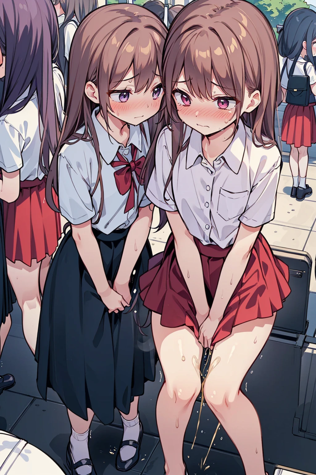 (ultra-detailed, best quality, anatomically perfect body), shiny skin, (Various girls), (have to pee), (very desperate to pee:1.2), (public restroom entrance), (waiting for restroom with line of girls in queue:1.4), clean interior, (standing), (various kind tops), (various long skirt:1.4), (flats, various hairstyle), various bag, (knees together and feet apart:1.2), (Rub each other's thighs:1.2), leaning forward, (hand between legs), (holding the crotch:1.1), (restless), (nose blush:1.1), (embarrassment1.3), flowing sweat, (parted ilps), (erotic body twist:1.2), (breathless), tearful, (looking away), (full body:1.1), from side, (very Bright:1.2),peeing