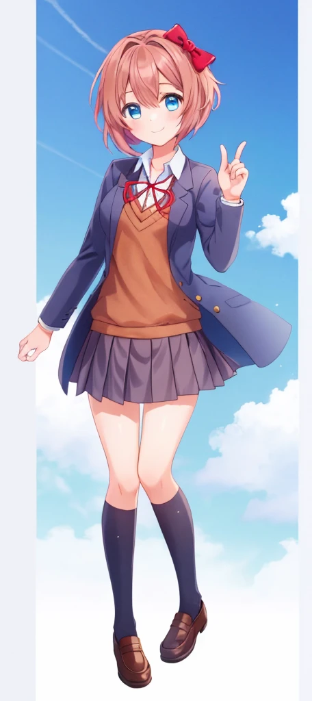 one girl, Sayori, DDLC, school blazer, hair bow, close to girl, too gentle, blue eyes, she is always smiling, full body, lovely pose