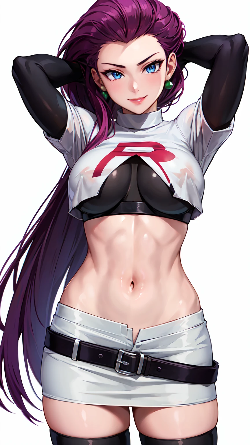 Masterpiece, stunning realistic, best quality, sharpness, 1 girl ,jessie pokemon, solo, team rocket, gloves, hair slicked back, long hair, jewelry, skirt, navel, thighhighs, earrings, elbow gloves, team rocket uniform, crop top, blue eyes, midriff, white background, belt, black gloves, very long hair, simple background, smile, black thighhighs, purple hair, looking at viewer, breasts, white skirt, miniskirt,large breasts,standing in a city,arms behind head ,shirt lift and pants pull concept,(shirt lift:1),