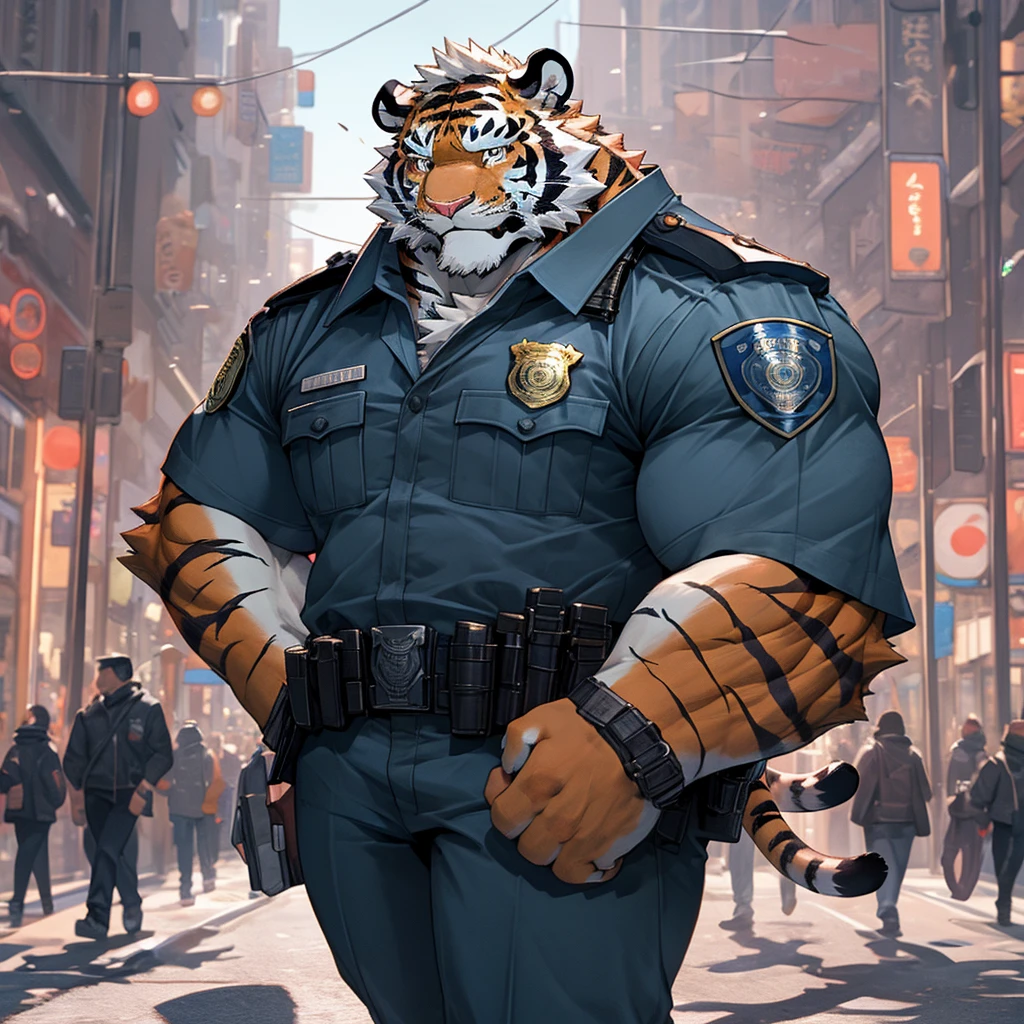 The muscular and strong police officer tiger is wearing a bustling city pedestrian street as the background