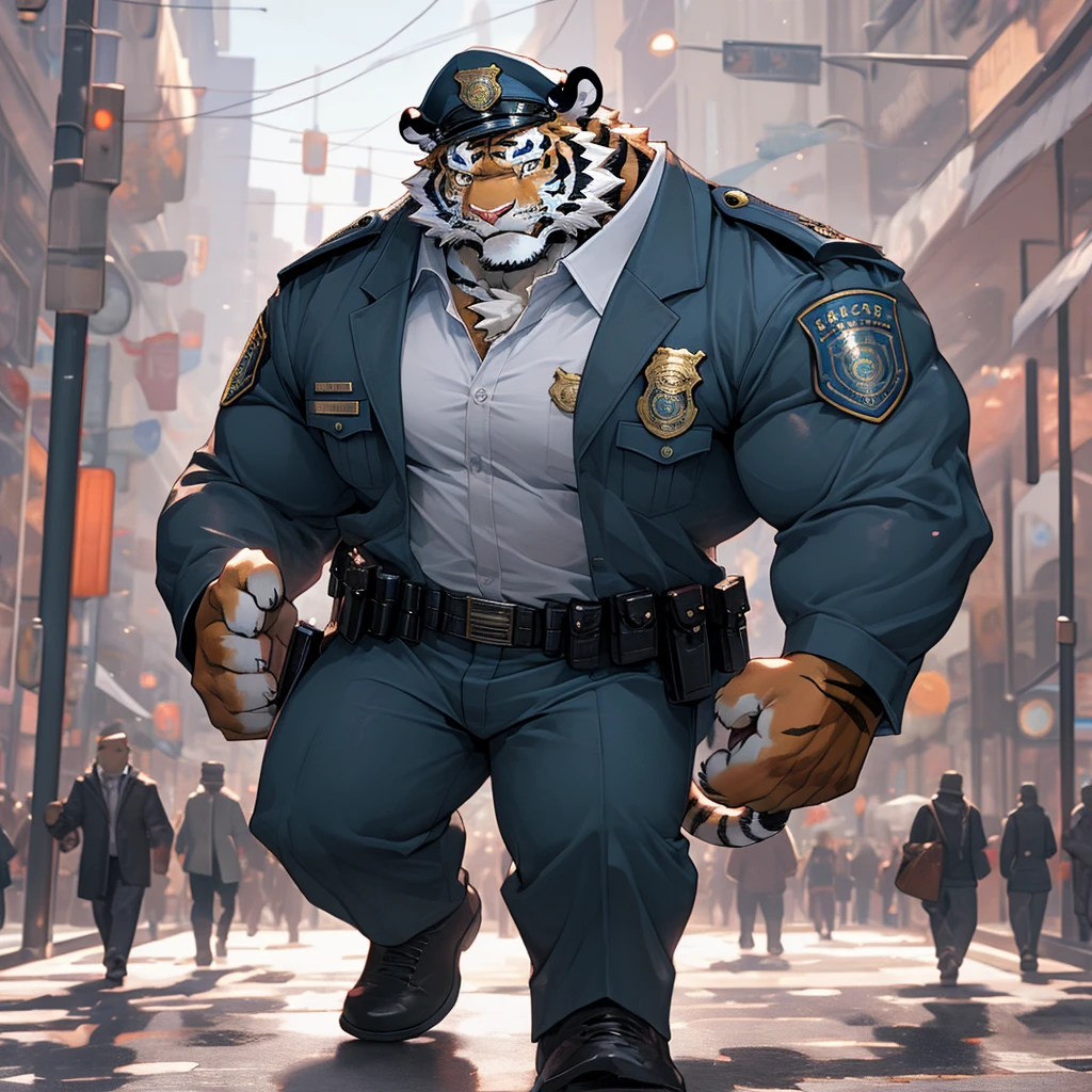  The muscular and strong police officer tiger is wearing a bustling city pedestrian street as the background 