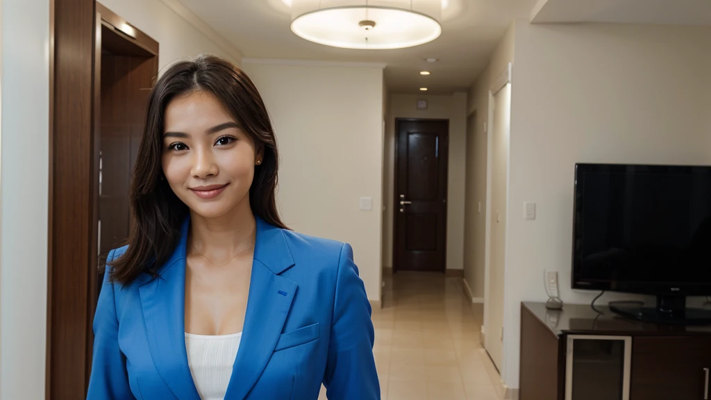 woman wear blue suit ,look smart ,Asia, smile, Technology, luxury condo background
