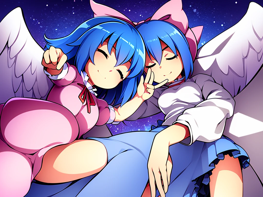 masterpiece, best quality, 1girl, , , 10 years old, medium blue hair, hair flaps, pink ribbon on head, well-formed face, blue eyes, angel girl, white blouse, puffy short sleeves, red ribbon, angel wings, long white skirt, red shoes, frills, ribbon head, from behind, to lift up one’s skirt, cowboy shot, from front, standing , raise one leg, crossed arms, arms up behind, arms behind back, hand between legs, put hands hip, one hand on hip, forward hands, arms raised in the air, punch hands, peace sign, waving, put up index finger, sit, lie down, closed eyes, lie face down, looking back, put one hand chest, leaning forward, cleavage, close up, horizontally outstretched arms, horizontally outstretched legs, front view, front face