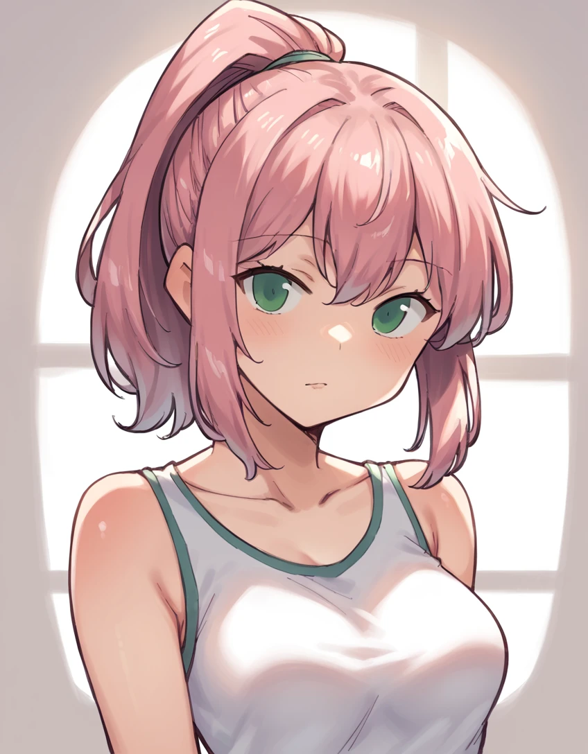 score_9, score_8_up, score_7_up, score_6_up, score_5_up, score_4_up, source_anime, BREAK
,1girl, looking at viewer, medium breasts, pink hair, medium hair, ponytail, green eyes,
 