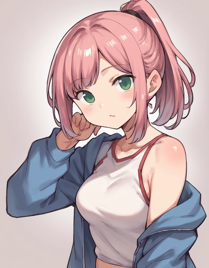 score_9, score_8_up, score_7_up, score_6_up, score_5_up, score_4_up, source_anime, BREAK
,1girl, looking at viewer, medium breasts, pink hair, medium hair, ponytail, green eyes,
 