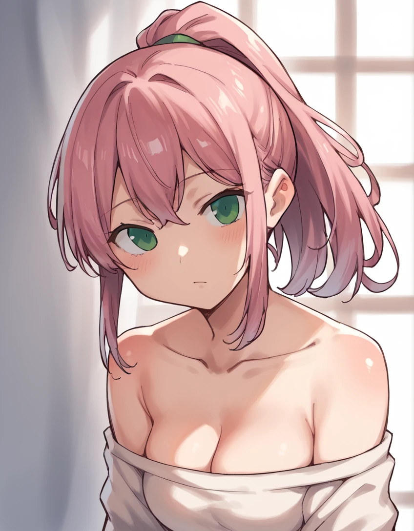 score_9, score_8_up, score_7_up, score_6_up, score_5_up, score_4_up, source_anime, BREAK
,1girl, looking at viewer, medium breasts, pink hair, medium hair, ponytail, green eyes,
 