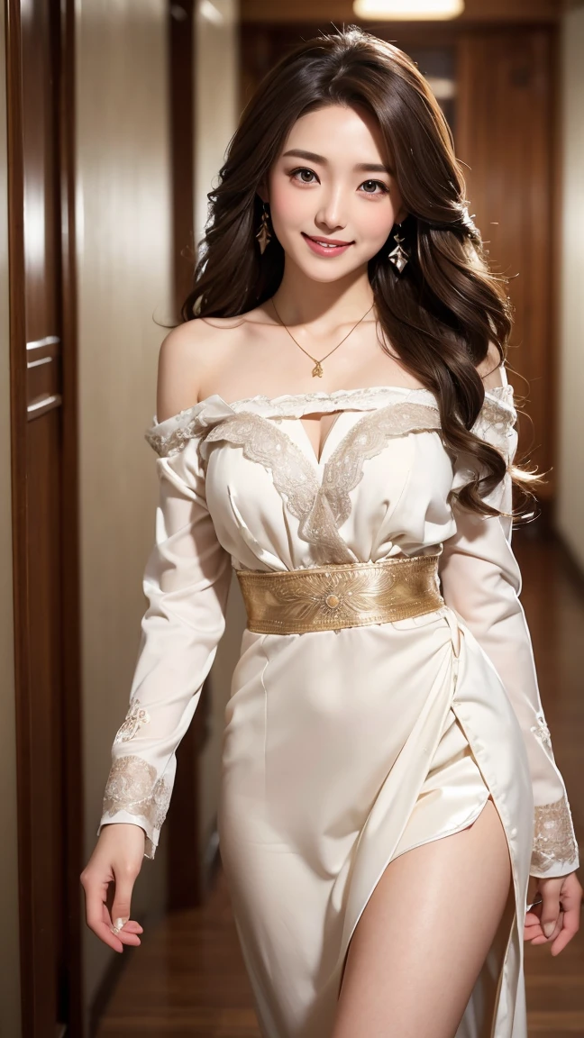 ((Kumiko Goto:1.3))Beautiful detailed face、Pale skin、Realistic glowing skin、Detailed cloth texture、Detailed hair texture、Perfect body、Beautiful Face、correct、Anatomically correct、 Highly detailed face and skin texture、Natural neck length、(Beautiful Hands)、(Fair skin:1.2)、Thin legs、Thin legs、 break 細かい目元、Symmetrical eyes、Light brown eyes、double eyelid、Thin eyebrows、(Glossy Lips:1.4)、((Gentle smile:1.2))、(blush:1.1)、 break (Elegant and cute girl:1.3)、Medium-sized large breasts、(Slim body type:1.1)、Toned Abs、Beautiful clavicle、 (Dark Blonde、Wavy Hair、Long Hair:1.2)、(Cowboy Shot:1.2)、Flowing white dress decorated with intricate silver embroidery_long sleeve_Thin、full figure supermodel standing, entire body in frame、standing gracefully、gold necklace_Large earrings,fullbody shot、((A shy smile:1.3)),while walking down the hallway、running over here at a slight jog