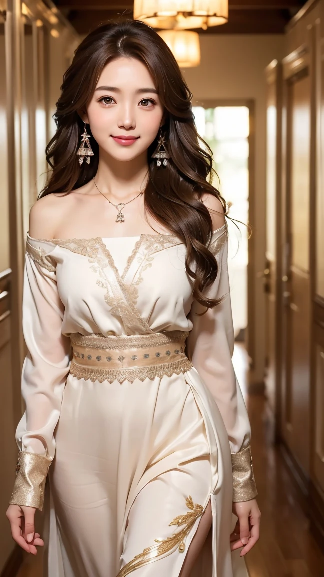 ((Kumiko Goto:1.3))Beautiful detailed face、Pale skin、Realistic glowing skin、Detailed cloth texture、Detailed hair texture、Perfect body、Beautiful Face、correct、Anatomically correct、 Highly detailed face and skin texture、Natural neck length、(Beautiful Hands)、(Fair skin:1.2)、Thin legs、Thin legs、 break 細かい目元、Symmetrical eyes、Light brown eyes、double eyelid、Thin eyebrows、(Glossy Lips:1.4)、((Gentle smile:1.2))、(blush:1.1)、 break (Elegant and cute girl:1.3)、Medium-sized large breasts、(Slim body type:1.1)、Toned Abs、Beautiful clavicle、 (Dark Blonde、Wavy Hair、Long Hair:1.2)、(Cowboy Shot:1.2)、Flowing white dress decorated with intricate silver embroidery_long sleeve_Thin、full figure supermodel standing, entire body in frame、standing gracefully、gold necklace＿Large earrings,fullbody shot、((A shy smile:1.3)),while walking down the hallway、running over here at a slight jog