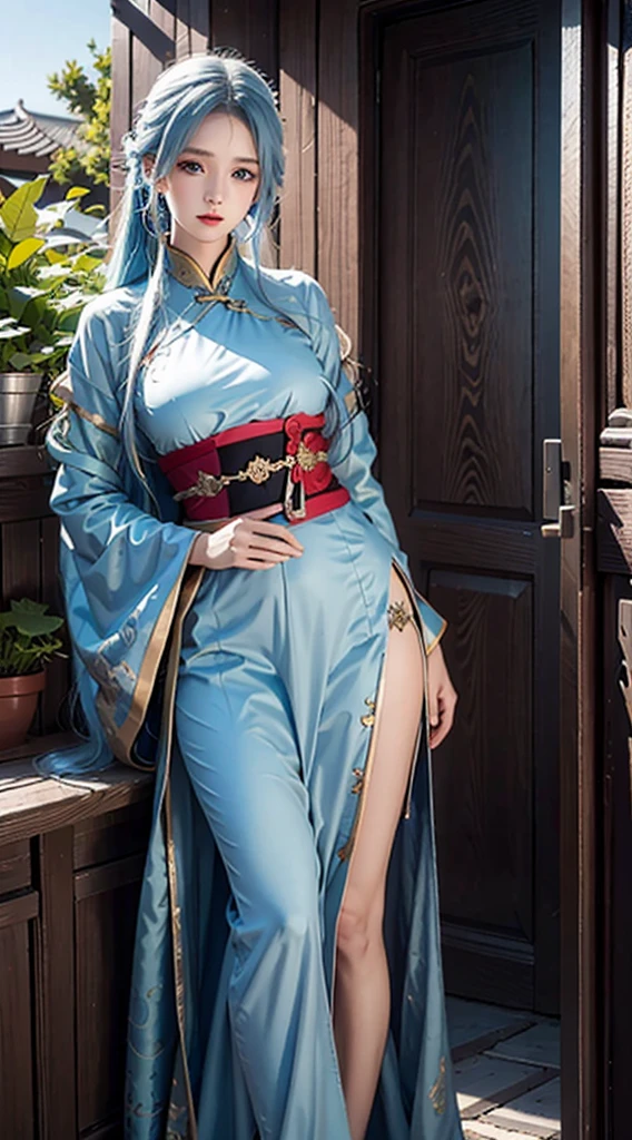 photorealistic, high resolution, masterpiece, blue eyes, blue hair, photorealistic, high resolution, soft light,1women, hips up, solo, hanfu