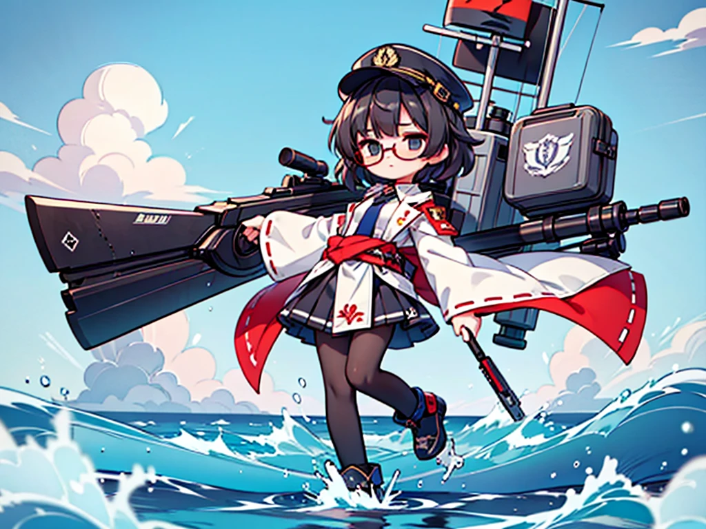 (((masterpiece, Vision))), ((((Full body of a woman with perfect flat chest、1 Female、solo、Short unkempt black hair、Tie your messy hair at the nape of your neck、white military jacket、Miko costume、black tights、Black glasses、White military cap、Cloudy black eyes、Confused eyes、Junyo-inspired emblem)))), (((Shipgirl))), ((Floating on the morning sea with both feet)), (Standing with your legs apart), (Hold the shotgun turret grip with your right hand), (A mechanical arm extending from the waist is used to attach a turret), (Equipped with a turret on the back), (His left arm holds the grip of a triple machine gun), Shotgun shell in left arm, Bullet belt on thigh, Spreading the Machine's Wings, 2. Machine Tail, 背景に3Shipgirl,