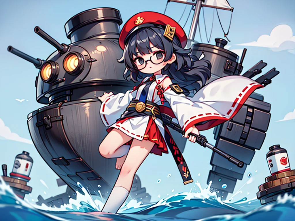 (((masterpiece, Vision))), ((((Full body of a woman with perfect flat chest、1 Female、solo、Short unkempt black hair、Tie your messy hair at the nape of your neck、white military jacket、Miko costume、black tights、Black glasses、White military cap、Cloudy black eyes、Confused eyes、Junyo-inspired emblem)))), (((Shipgirl))), ((Floating on the morning sea with both feet)), (Standing with your legs apart), (Hold the shotgun turret grip with your right hand), (A mechanical arm extending from the waist is used to attach a turret), (Equipped with a turret on the back), (His left arm holds the grip of a triple machine gun), Shotgun shell in left arm, Bullet belt on thigh, Spreading the Machine's Wings, 2. Machine Tail, 背景に3Shipgirl,