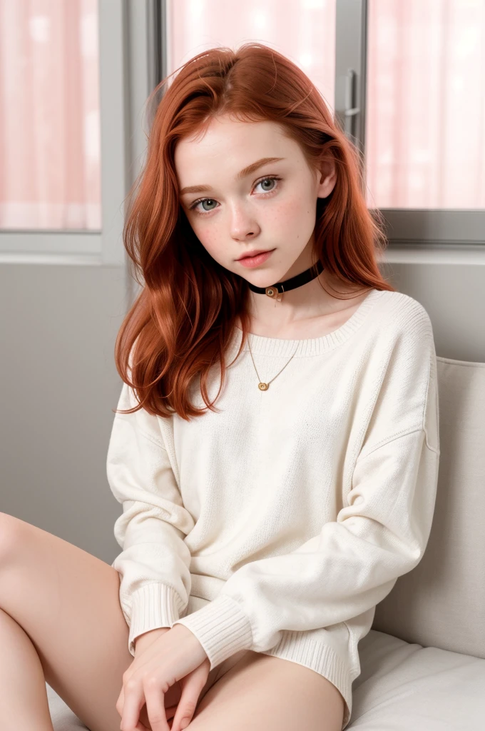 raw photo,(16yo skinny redhead girl:1.2), cheek dimples, blushing, graphic eyeliner, rouge, (lipstick:0.6), (choker:0.9), realistic skin texture, oversize knit sweater, (red:0.8), softcore, warm lighting, cosy atmosphere, instagram style, nsfw , naive, shy, short, thin, fit, beautiful, cute, pale skin