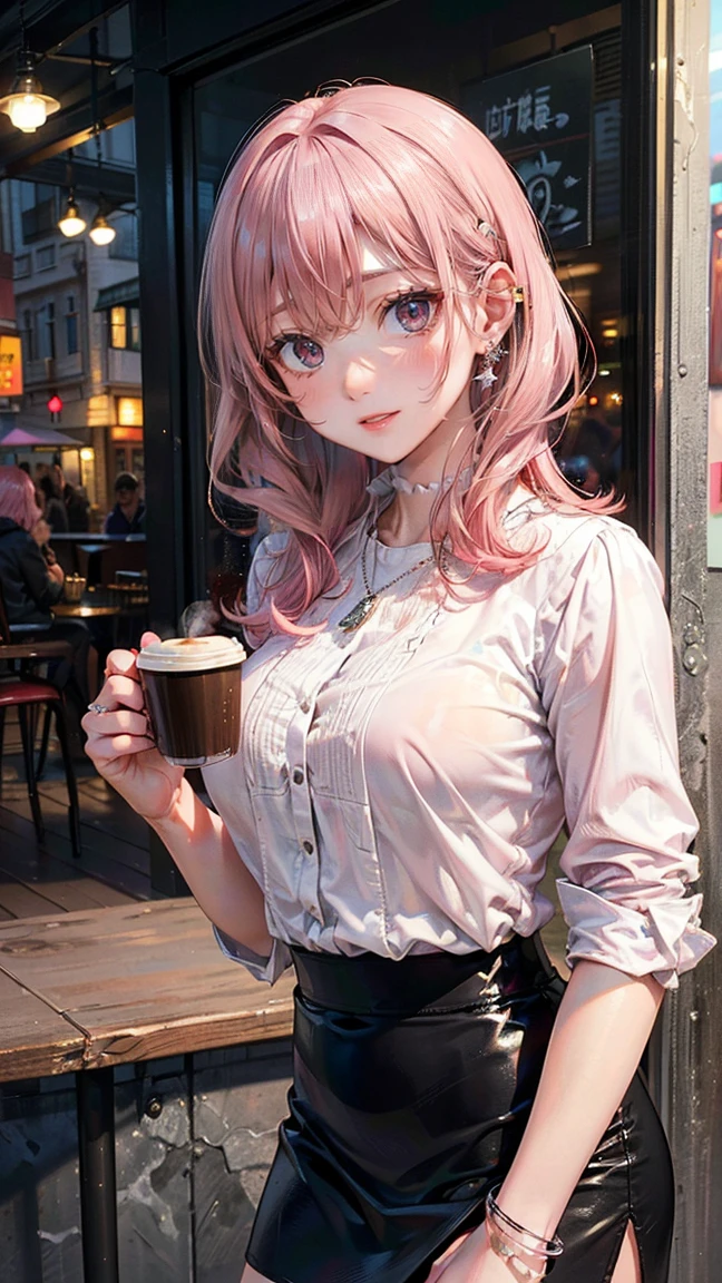 (Masterpiece, BestQuality:1.3), (ultra detailed:1.2), (hyperrealistic:1.3), (RAW photo:1.2), High detail RAW color photo, professional photograph, (Photorealistic:1.4), (realistic:1.4), (Pink Hair:1.5), professional lighting, perfect anatomy, (Big Breasts:1.2), (blush, detailed face), (cheerful Smile:1.5), Trending Hair&Trending Hairカラーをランダムに, earrings, necklace, bracelet, sexly, erotic sexly, Random sexy gravure poses, (Black tight skirt and white blouse、And the girl with the silver earrings、Drinking coffee in a city cafe。: 1.3)