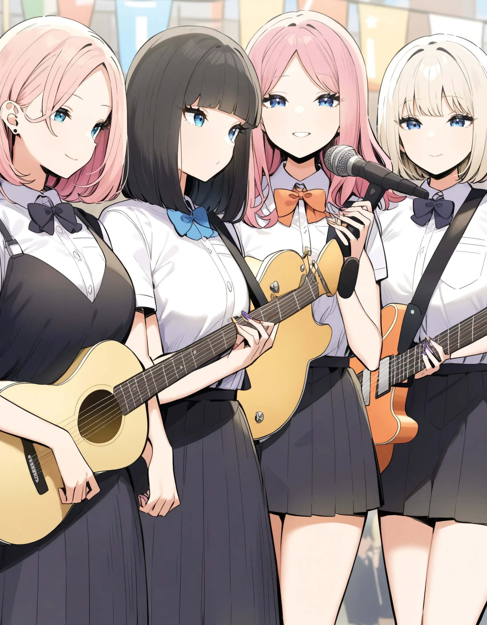 masterpiece, City Pop Style, Three-person band group, Tao has pink hair, a fluffy bob cut, and is playing a guitar., Jane has long white hair down to her waist and is the vocalist., Sayaka has shoulder-length black hair and is a drummer., School festival, Retro, Vintage, A light smile