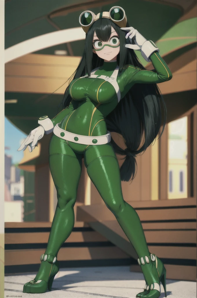 (masterpiece, best quality;1.3), extremely detailed ,ultra detailed, 1girl, solo, looking at viewer,detailed skin, crawling, full body, standing, asui tsuyu, low-tied long hair, :p,white gloves, green bodysuit, hair rings,goggles, city, extra large breasts, visible feet, open-toe platform high heels