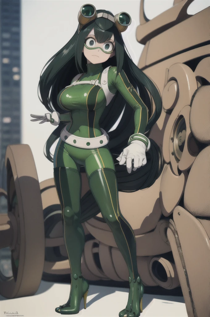 (masterpiece, best quality;1.3), extremely detailed ,ultra detailed, 1girl, solo,  looking at viewer,detailed skin,  crawling, full body, standing, asui tsuyu, low-tied long hair, :p,white gloves, green bodysuit, hair rings,goggles, city, extra large breasts, visible feet, open-toe platform high heels