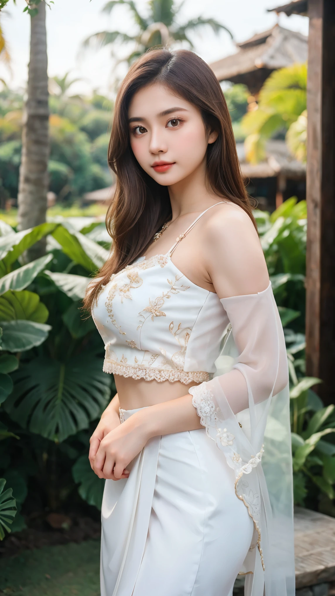 Gorgeus Girl, Beautiful, 20 Years Old, White Skin, Elegant Pose, (Wearing Kebaya), Indonesian Kebaya Clothes, Muscles, Bokeh, Indonesian Culture Background, (Masterpiece, Best Quality, Ultra Detaild, 8k), Full body photography, Straight Brown Hair, Perfect Lighting