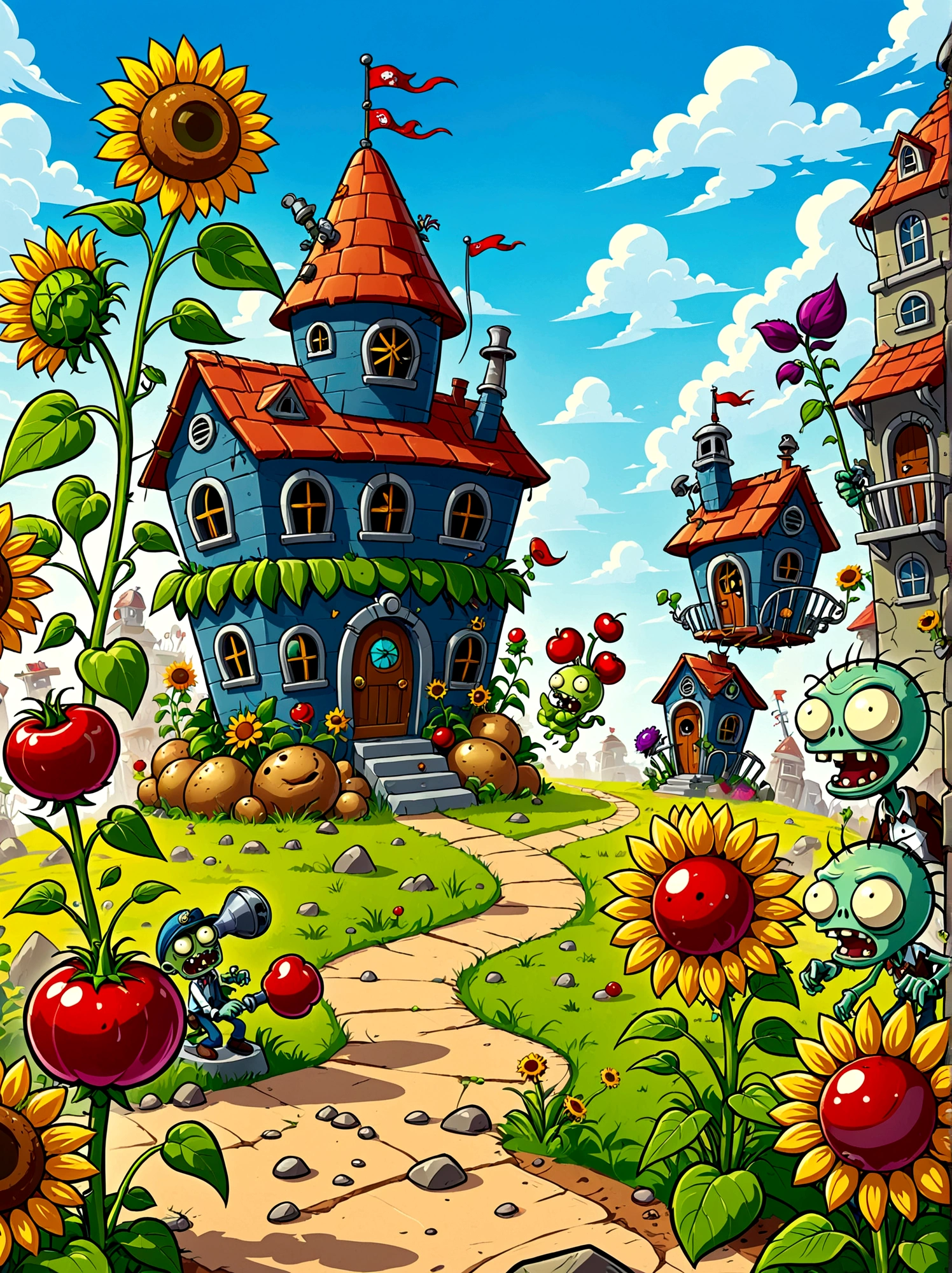 A screen shot showing a gaming video on the popular video-sharing platform，The game being played is a vivid fictional action-adventure game Plants vs. Zombies，背景是一个充满Various strange plants and zombies的详细幻想世界，Various strange plants and zombies，Pea shooter，Potato mines，sunflower，Cherry Bomb，Chomper，Gatling Peas，Flag zombies，Plants vs. Zombies game screen image，Strategy tower defense game，Colorful plants and zombies，Vivid colors，Bright and cheerful mood，Cartoon Style，Detailed background，Weird and quirky characters，Immersive game scene，Wide landscape perspective，Playful and whimsical design