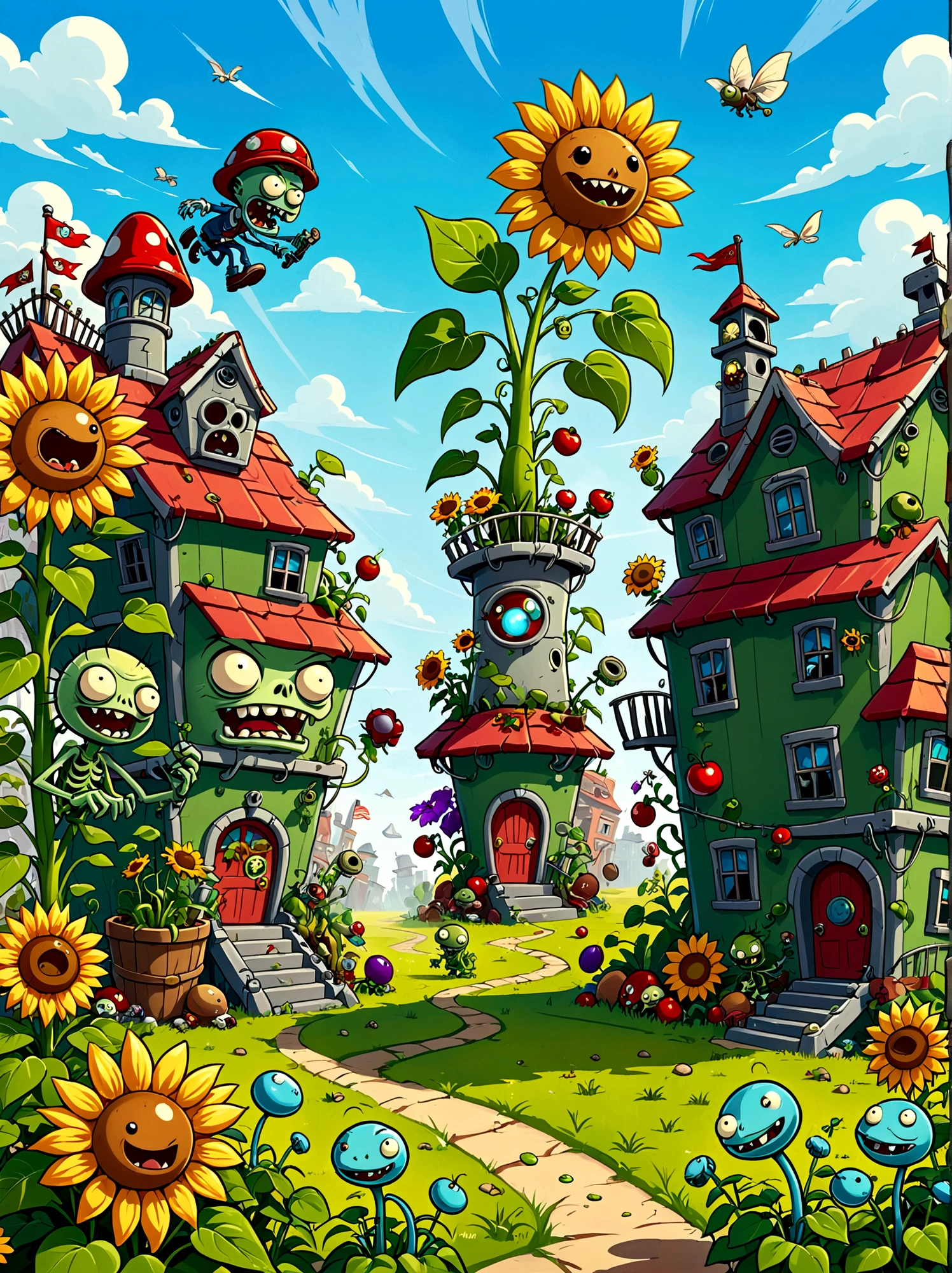 A screen shot showing a gaming video on the popular video-sharing platform,The game being played is a vivid fictional action-adventure game Plants vs. Zombies,背景是一个充满Various strange plants and zombies的详细幻想世界,Various strange plants and zombies,Pea shooter,Potato mines,sunflower,Cherry Bomb,Chomper,Gatling Peas,Flag zombies,Plants vs. Zombies game screen image,Strategy tower defense game,Colorful plants and zombies,Vivid colors,Bright and cheerful mood,Cartoon Style,Detailed background,Weird and quirky characters,Immersive game scene,Wide landscape perspective,Playful and whimsical design