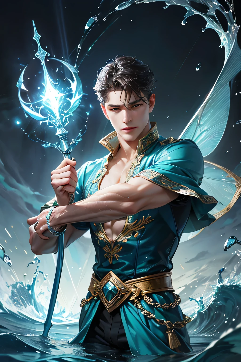 "Create an ultra-realistic image of a handsome, male fairy, around 43 years old. He should be holding a magical staff that emanates the energy of the water. Dress him in an elegant, varied aqua blue outfit that reflects the brilliance and dynamism of the water. Surround him with elements like swirling clouds and flashes of lightning to showcase his connection to these elements. Include a distinct water symbol or design on his body, signifying his role as the keeper of the deep water, and highlighting the powerful celestial energy he embodies within him."