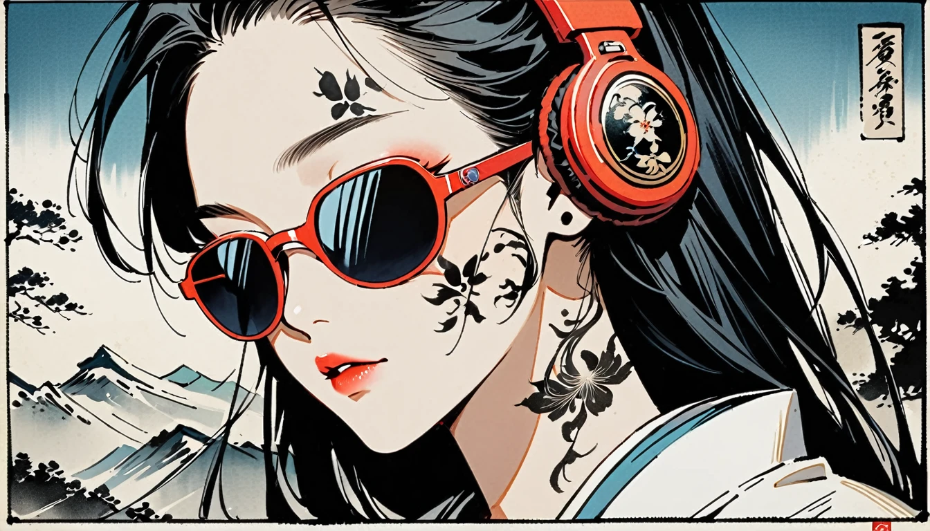 Ink Painting, (((1 girl))), (((Tattoo on face))), (((sunglasses))), Japanese style headphones, beautiful girl, Black Hair, Delicate and precise, Modern ukiyo-e style, black