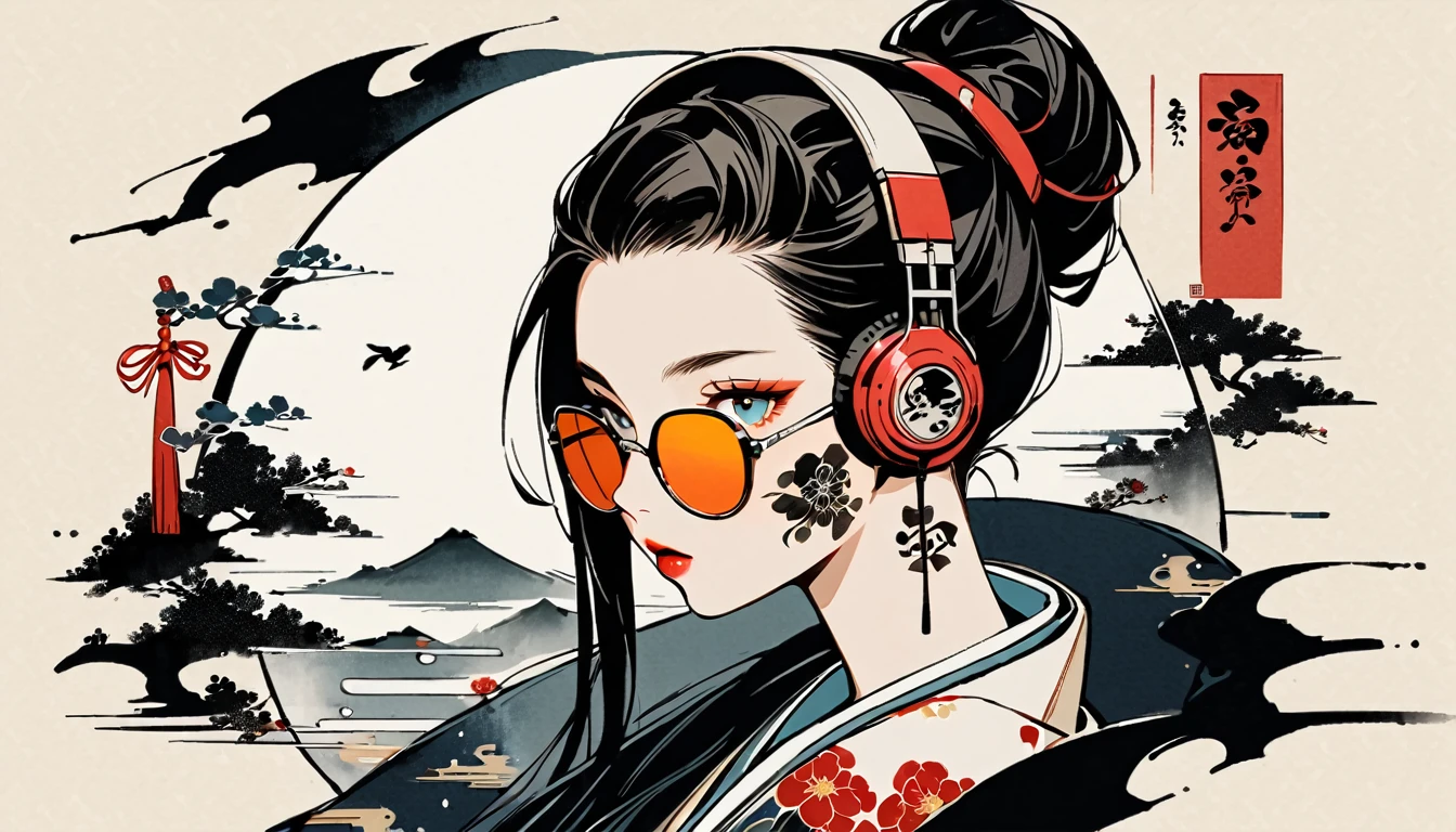 Ink Painting, (((1 girl))), (((Tattoo on face))), (((sunglasses))), Japanese style headphones, beautiful girl, Black Hair, Delicate and precise, Modern ukiyo-e style, black