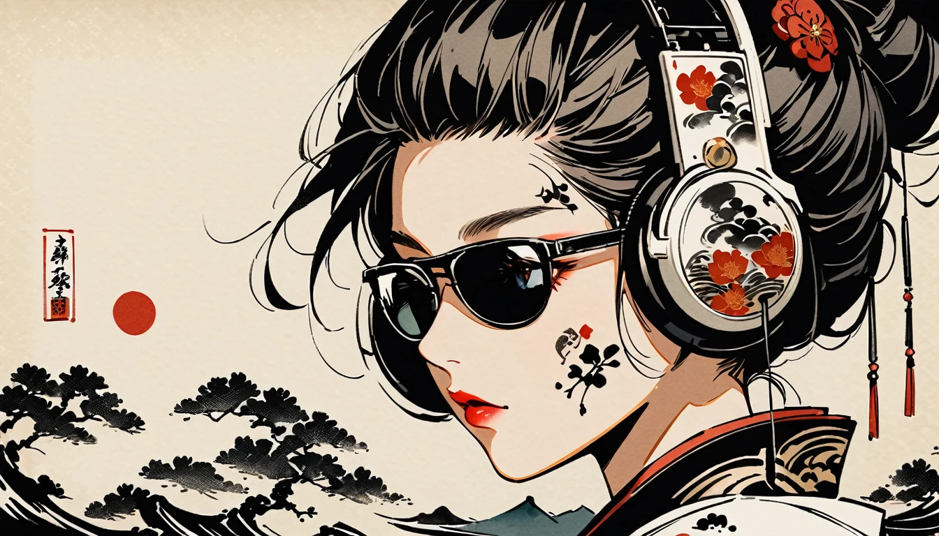 Ink Painting, (((1 girl))), (((Tattoo on face))), (((sunglasses))), Japanese style headphones, beautiful girl, Black Hair, Delicate and precise, Modern ukiyo-e style, black
