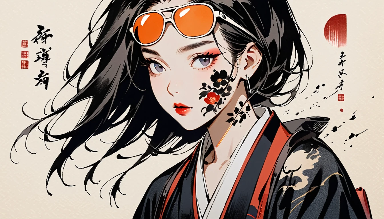 Ink Painting, (((1 girl))), (((Tattoo on face))), (((sunglasses))), Japanese style headphones, beautiful girl, Black Hair, Delicate and precise, Modern ukiyo-e style, black