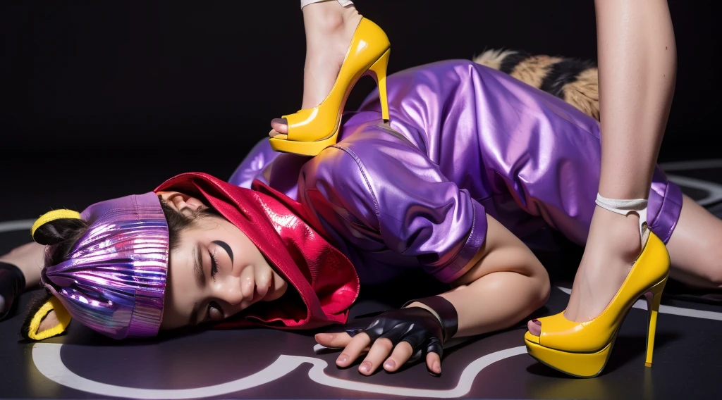 This image features a muscular, dark-skinned young man of African descent dressed in a vibrant raccoon costume. He is lying down with his eyes closed, showcasing his beautiful dark skin. His costume includes a glossy, latex-like purple outfit that appears wet and shimmers with iridescent colors, adding a striking, polished look to his appearance. He also wears a red scarf, a purple beanie hat with gray ears, and black face paint around his eyes and nose to mimic a raccoon mask. Black fingerless gloves complete his costume.Additionally, there is a pair of legs wearing bright yellow high-heeled shoes with white ankle socks. The glossy, latex-like finish of the shoes matches the wet and shimmering quality of the young man's outfit, creating a cohesive and visually appealing contrast. The yellow shoes stand on his back, further highlighting the shiny, iridescent textures and vibrant colors in the image.