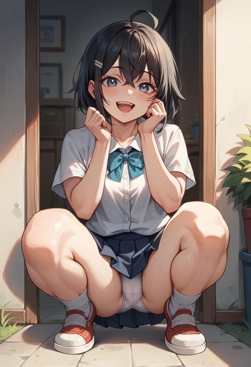 japanese,school garl,nsfw,happy, squatting, looking at viewer, ahoge, black hair, frilled clothing, mini skirt, in the house, ground-level shot,pov,panty shot