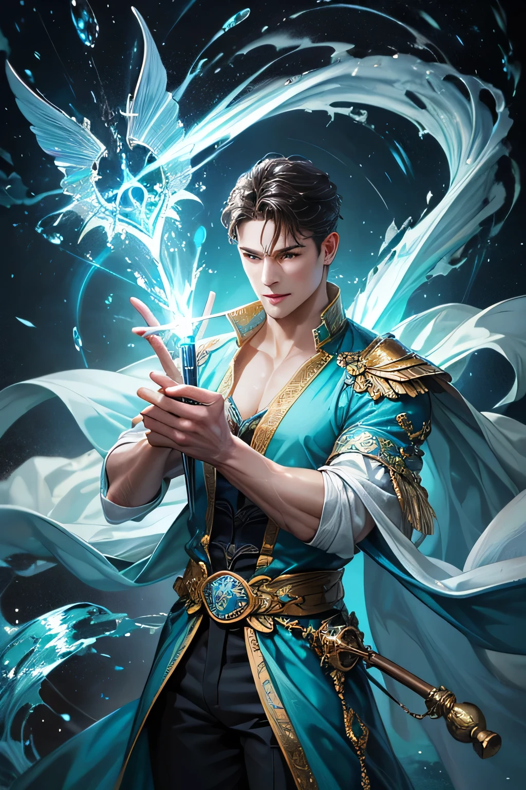 "Create an ultra-realistic image of a handsome, male fairy, around 43 years old. He should be holding a magical staff that emanates the energy of the water. Dress him in an elegant, varied aqua blue outfit that reflects the brilliance and dynamism of the water. Surround him with elements like swirling clouds and flashes of lightning to showcase his connection to these elements. Include a distinct water symbol or design on his body, signifying his role as the keeper of the deep water, and highlighting the powerful celestial energy he embodies within him."