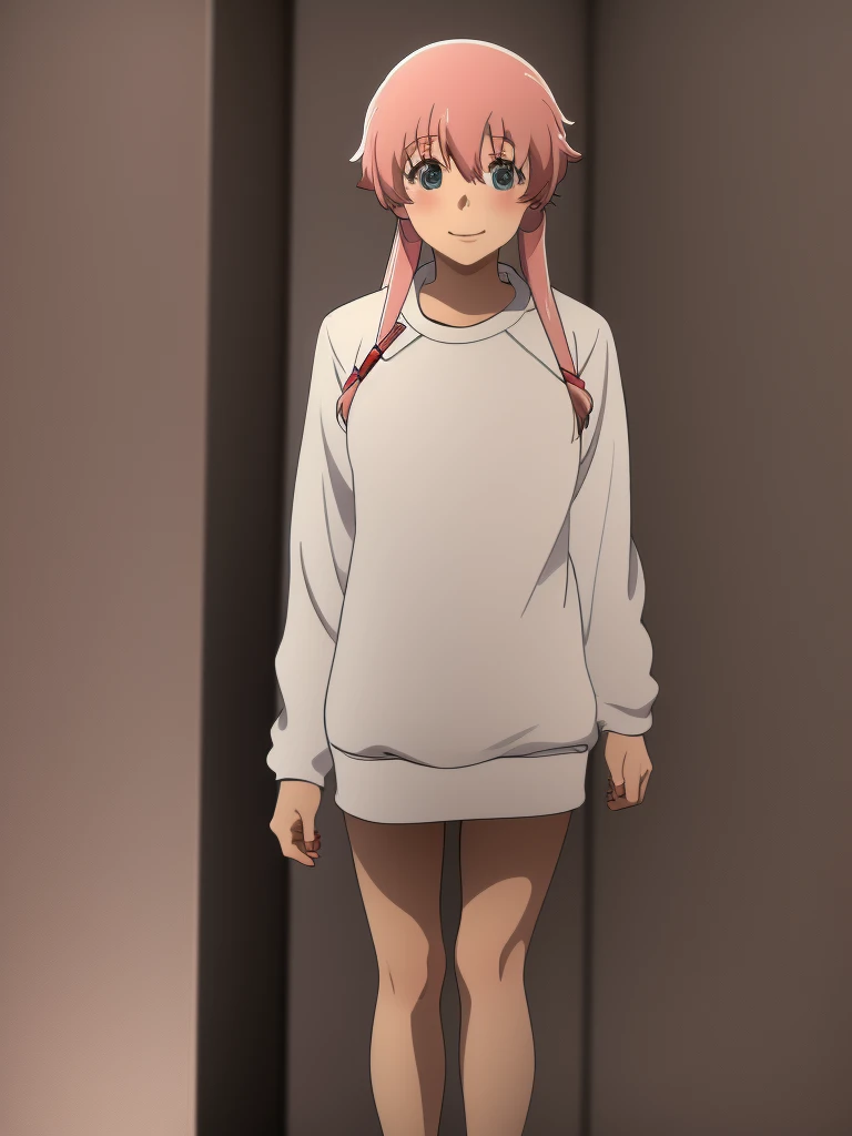 Yuno Gasai wearing a white comfy sweater, standing, casual, smiling softly, blushes, shy