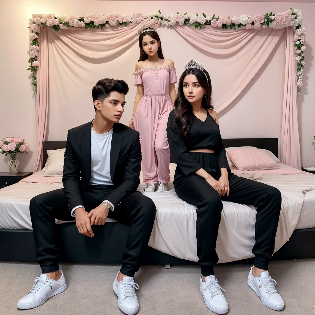 create a realistic picture where a girl and boy in a bedroom set on the bed girl wear a long frock pink colour high heels and flowers head crown age 18 and boy wear a black suit and black pant and white sneaker age 19 both are sitting on the bed in background on wall right name in Big capital letter Junaid zoya both are looking like copule