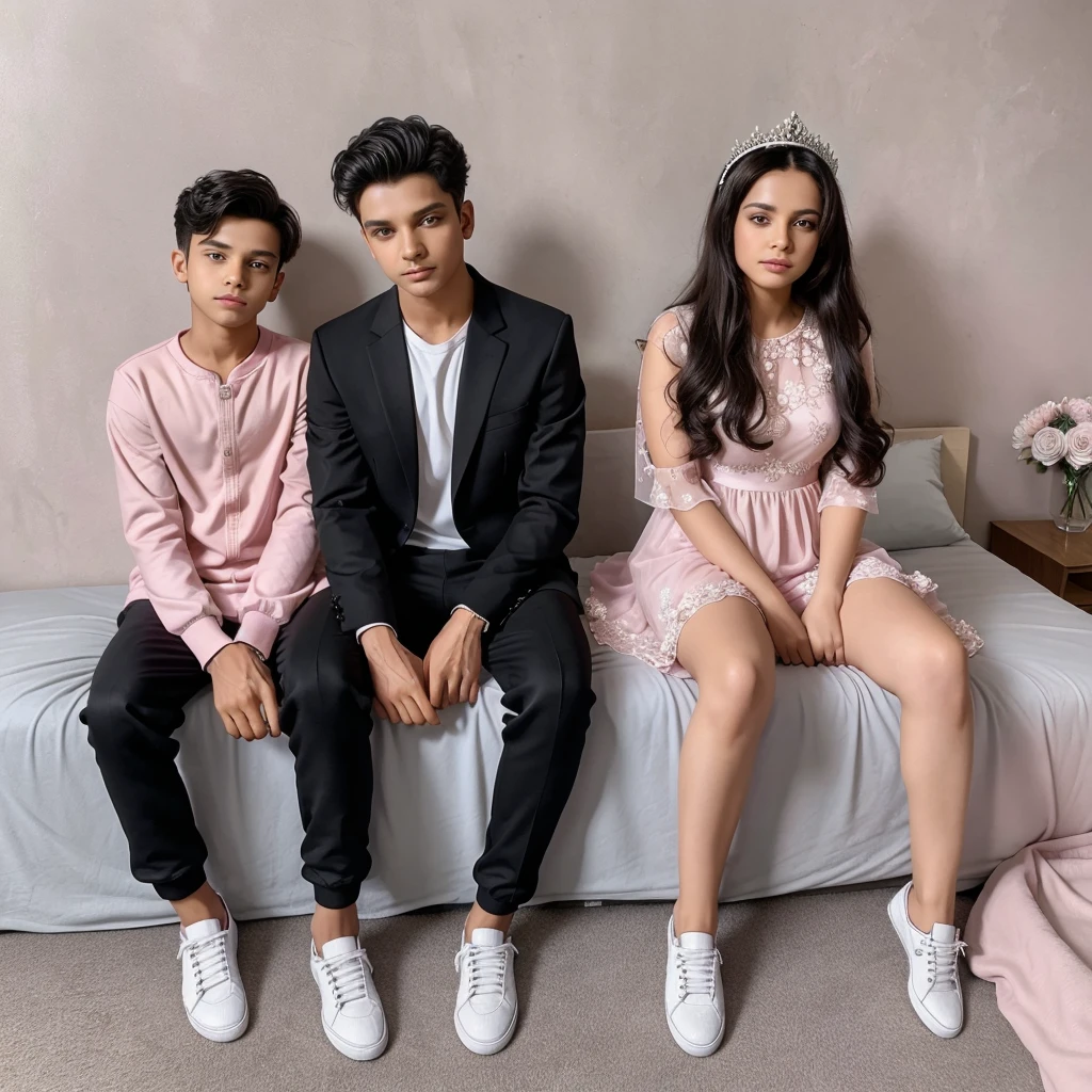 create a realistic picture where a girl and boy  in a bedroom set on the bed girl wear a long frock pink colour high heels and flowers head crown age 18 and boy wear a black suit and black pant and white sneaker age 19 both are sitting on the bed in background on wall right  name in Big capital letter Junaid zoya both are looking like copule 