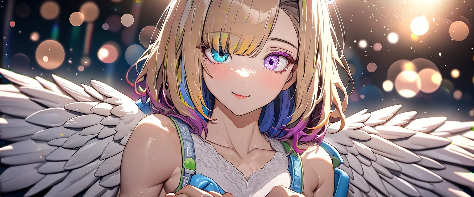 ((angel, big big white wings:1.3, halo:1.3)), spread arms, (((cowboy shot))), ((flying)), archangel Uriel, ((wavy hair, outward curled hair)), evening, Sunset, ((blond hair, bob cut:1.3)), breasts, teenager, (looking at viewer), oversized clothes, puffy long sleeves, collarbone, ((off-shoulder sweater dress:1.3, Quite thick shoulder straps)), (((sleeves past wrists:1.3))), ((white sweater)), collarbone, head tilt:1.3, (((blue eyes))), ((happy smile)), (((anime style))), (best quality, 4K, 8K, highres, masterpiece:1.2, ultra-detailed, ultra-detailed eyes, HDR, uhd, studio lighting, ultra-fine painting, sharp focus, physically-based rendering, extreme detail description, professional, vivid colors, bokeh), ((Highest quality, Best image quality, Ultra-high resolution, Ultra-high resolution, solo, Strong eye highlights)), Depth of written boundary, Natural soft light, attractive, Beautiful Face, Cleanliness, Pure Face, medium chest, Beautiful Face, Perfect Fingers, Perfect hands, Perfect body, Perfect Face, Shine a light into your eyes, Perfect Anatomy