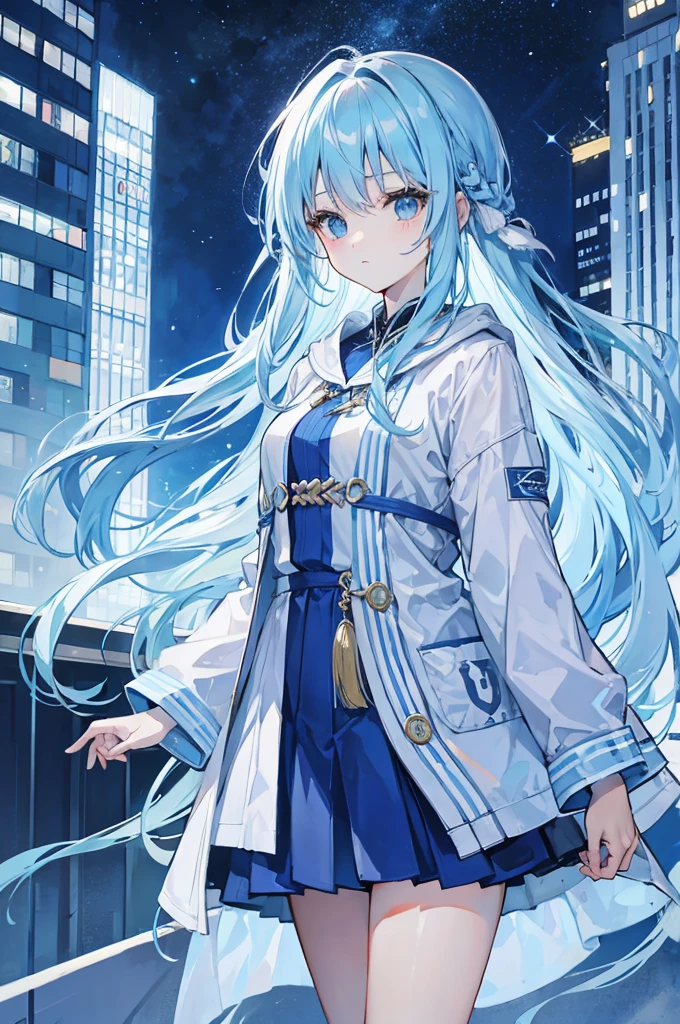 Light blue hair、long hair、Cool clothes、City of night、face