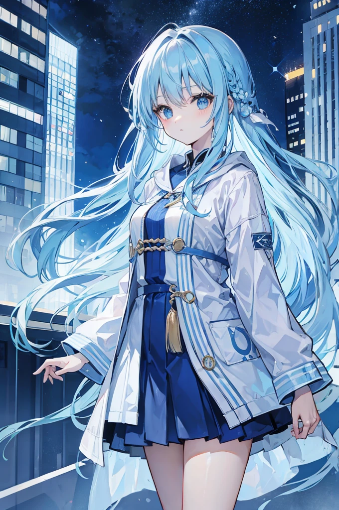 Light blue hair、long hair、Cool clothes、City of night、face