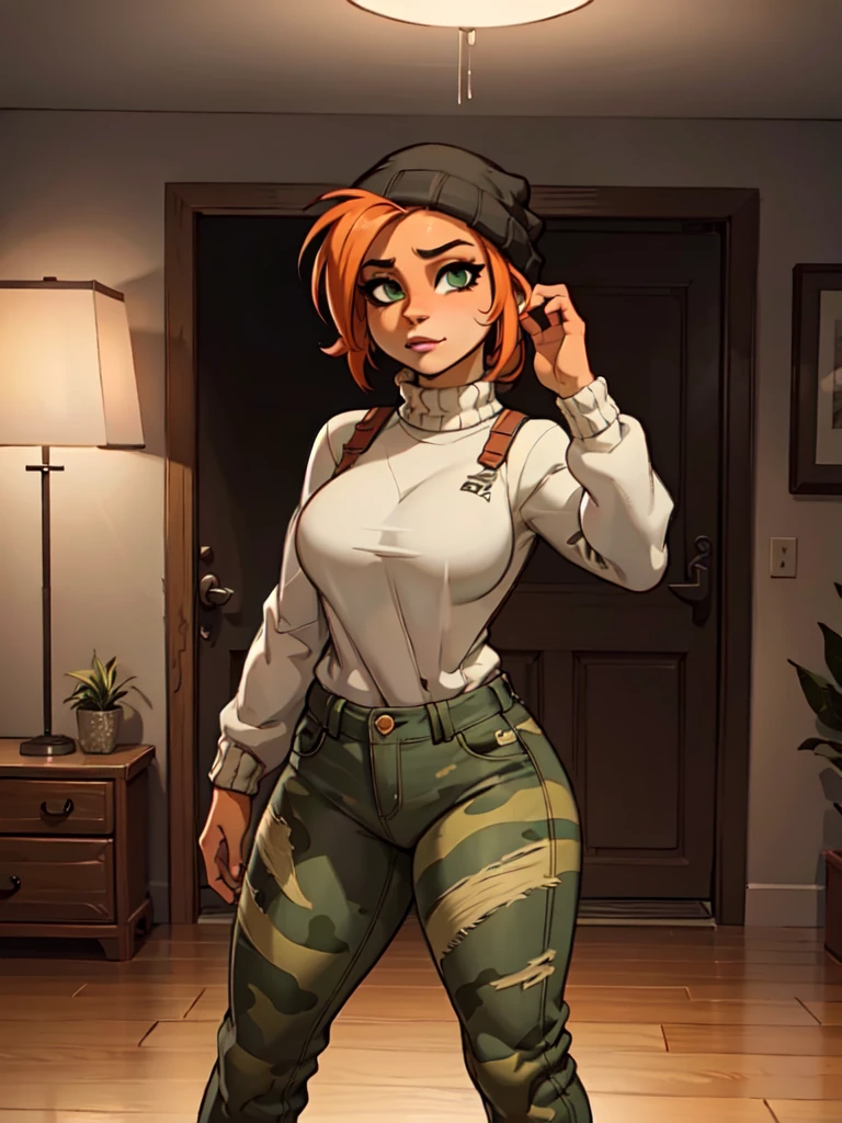 sancy anthro bandicoot girl, redhead, braided hair, beautiful detailed green eyes, sweater, beanie-balaclava, camouflage pants, army boots, highly detailed, 8k, photorealistic, studio lighting, hyperrealistic, cinematic lighting, unreal engine, octane render, volumetric lighting, depth of field, chiaroscuro, atmospheric, warm color palette