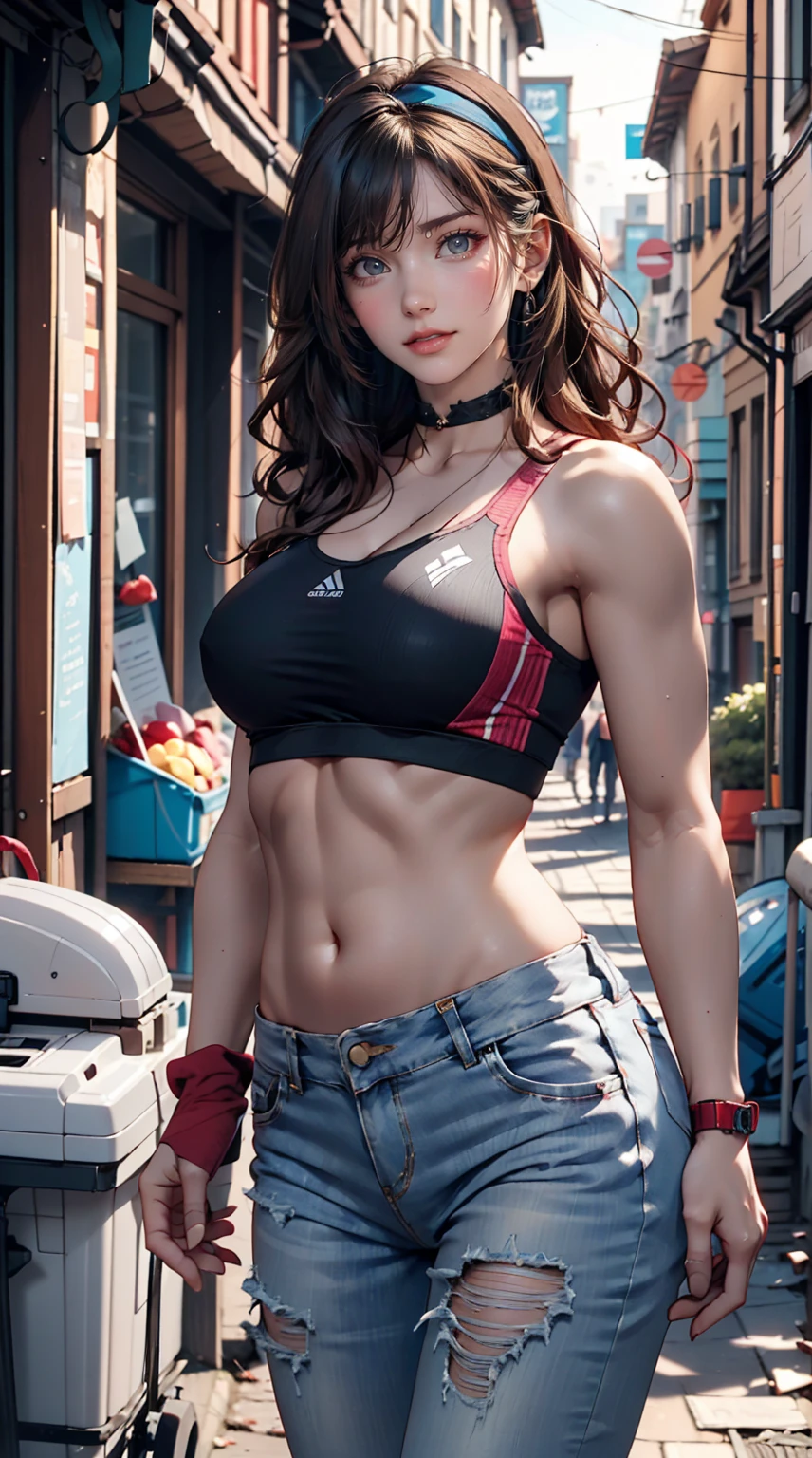 A 23-year-old Caucasian woman of unparalleled beauty.、blue eyes、Dark Blonde、My hair is wavy、Long Hair、Wearing a red headband、Her hair is curled upwards. She is standing in a rubbish-strewn alleyway between buildings..、Laughter、View from the front、She is wearing a black sports bra made by a sports manufacturer..、Wearing a black choker、 She is carrying a single-lens reflex camera on a diagonal strap across her shoulder and is wearing tight, distressed denim hot pants..、Belly button sticking out、Slim yet well-proportioned body、The sun shines from above、Photorealistic images、8K quality、Sexy proportions、Sexy、Narrow waist、Toned body