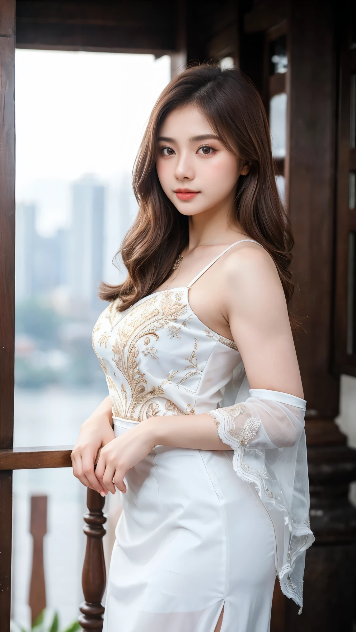 Gorgeus Girl, Beautiful, 20 Years Old, White Skin, Elegant Pose, (Wearing Kebaya), Indonesian Kebaya Clothes, Muscles, Bokeh, Indonesian Culture Background, (Masterpiece, Best Quality, Ultra Detaild, 8k), Full body photography, Straight Brown Hair, Perfect Lighting