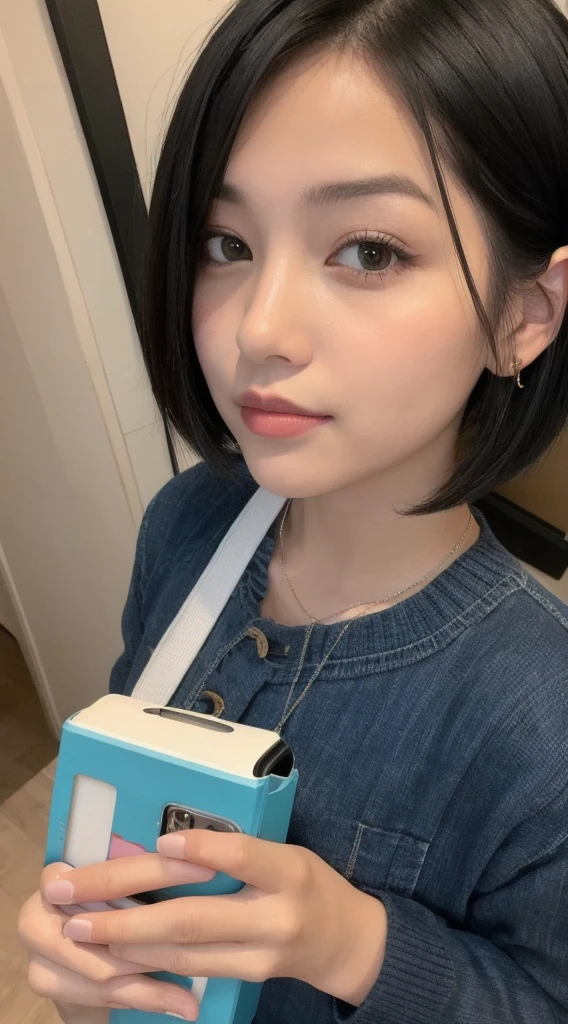 One Girl, cute, Home, Selfie, Black Hair, Short Bob, 