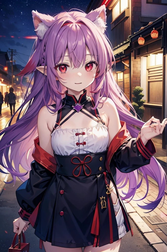 yuukikonno, Konno Yuuki, hair band, Long Hair, Pointed Ears, Purple Hair, (Red eyes:1.5), (Small :1.2),smile,Dog Ears,Animal ears Dog's tail,Grin,Purple sleeveless dress、Cute Sandals,Put your right hand on your hip,Are standing,Daytime,whole bodyがイラストに入るように, break looking at viewer, whole body, break outdoors,countryside, break (masterpiece:1.2), Highest quality, High resolution, unity 8k wallpaper, (figure:0.8), (Detailed and beautiful eyes:1.6), Highly detailed face, Perfect lighting, Extremely detailed CG, (Perfect hands, Perfect Anatomy),チックなmorning日,morning,Extreme light,